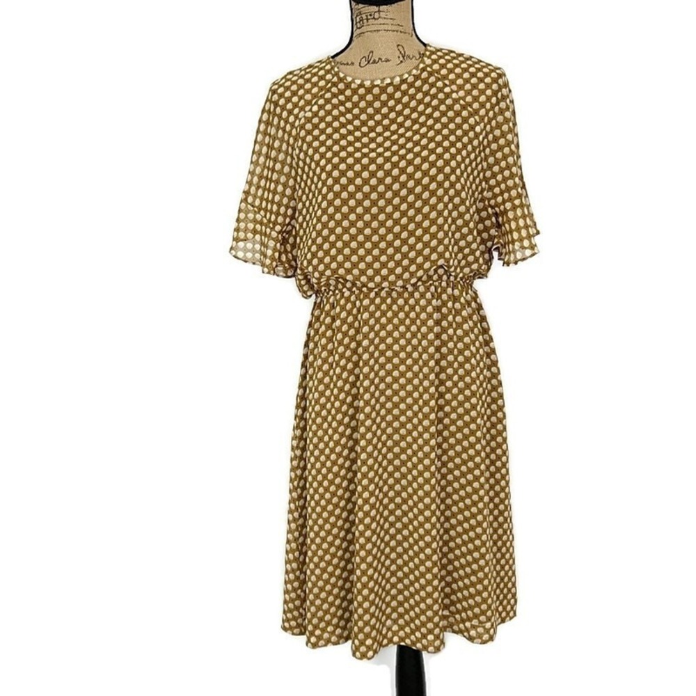 LOFT Dress Womens Medium Mustard Yellow Polka Dot Chiffon Flutter Sleeve Midi